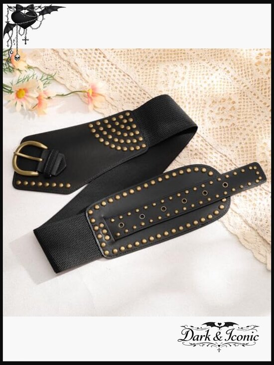 Vintage Wide Elastic Studded Stretch Waist Belt with Metal Buckle main image 7